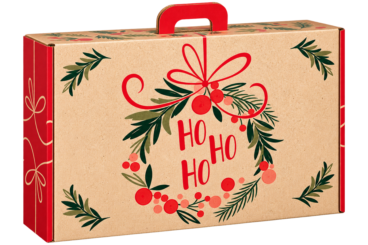 Scatola in cartone natalizia Ho Ho Ho con manico - 54x36x12,5cm