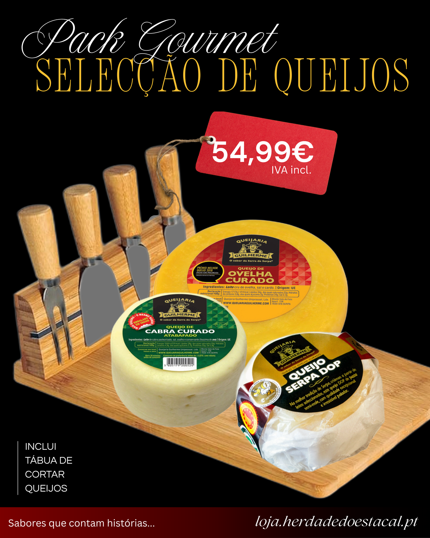 Pack Gourmet – Seleção de Queijos Com Tábua de Cortar Queijo