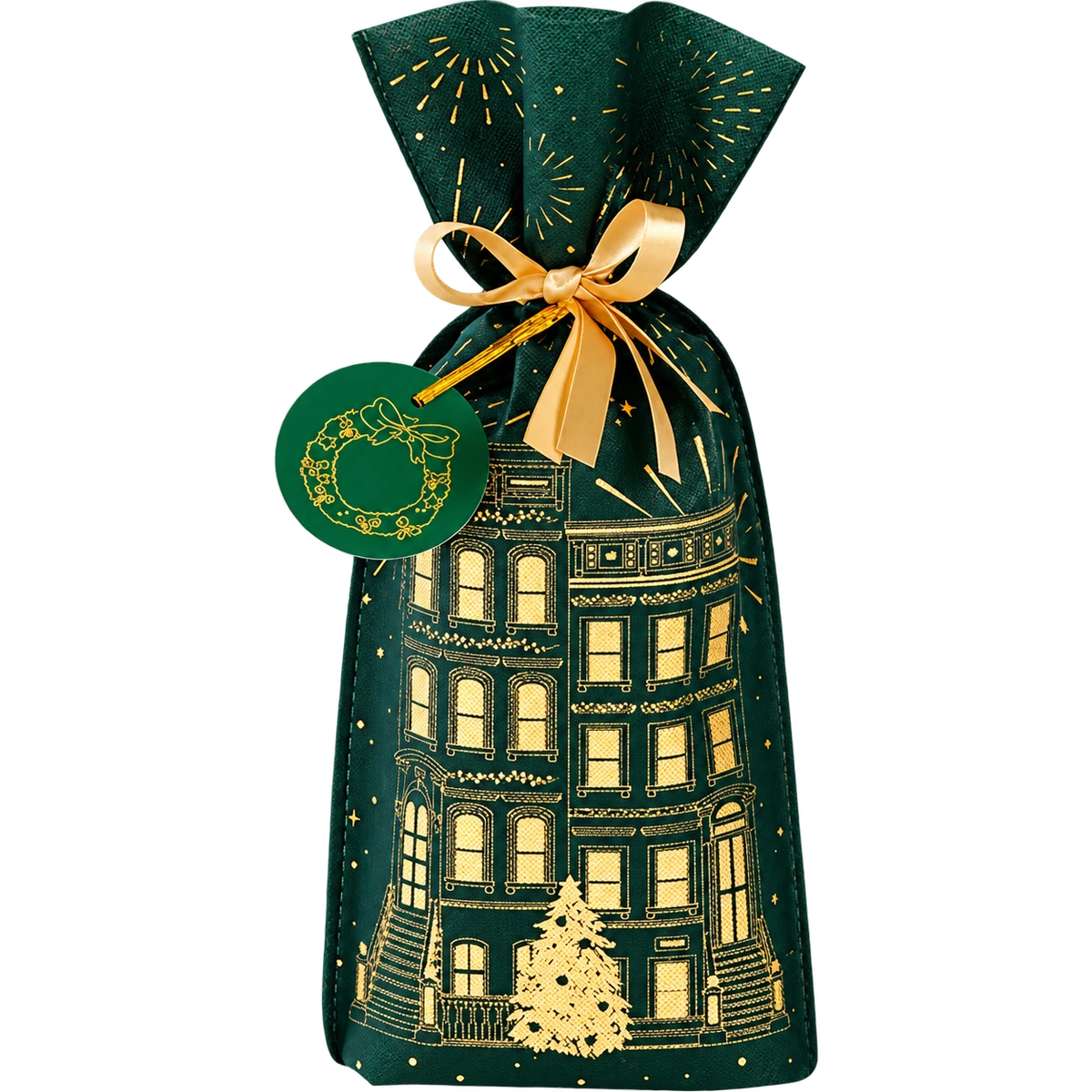 Saco verde de Natal para uma garrafa, com fita dourada e etiqueta