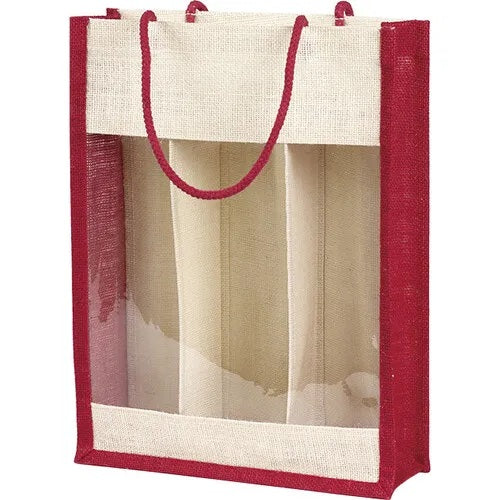 Saco Juta Natural c/ alças c/ janela PVC 3 Garrafas 27x9x36cm
