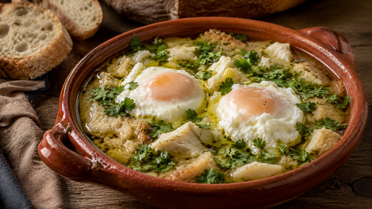 Açorda alentejana com bacalhau lascado, ovos escalfados e coentros frescos, servida em tigela de barro regada com azeite virgem extra, acompanhada de pão alentejano