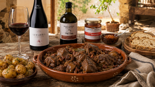 Lebre guisada à moda alentejana, prato tradicional do Baixo Alentejo com molho rico e aromático, servida com batatas salteadas e azeite da Herdade do Estacal