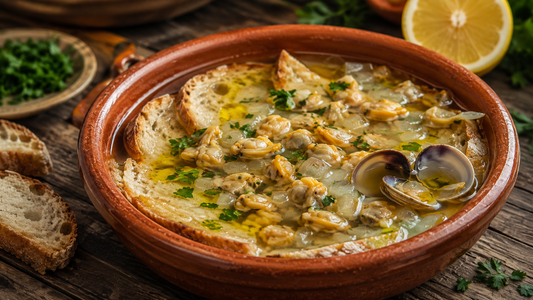 Caldo de amêijoas do Baixo Alentejo em tigela de barro com pão alentejano, amêijoas, salsa picada e azeite virgem extra, acompanhado de limão fresco