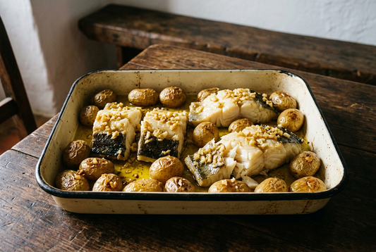 Quatro postas de bacalhau com alho picado, azeite e batatas pequenas com pele num tabuleiro esmaltado, sobre uma mesa de madeira rústica.
