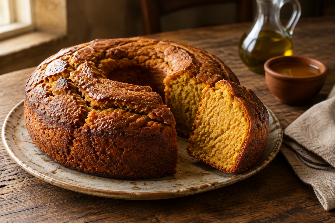 Bolo podre da Vidigueira de mel e azeite com uma fatia cortada sobre mesa rústica