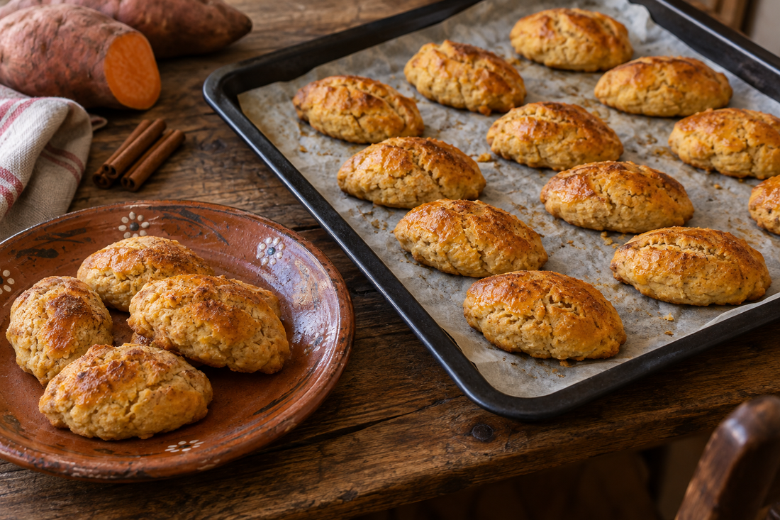 Broas pequenas de batata-doce douradas em tabuleiro de forno, com algumas num prato de barro