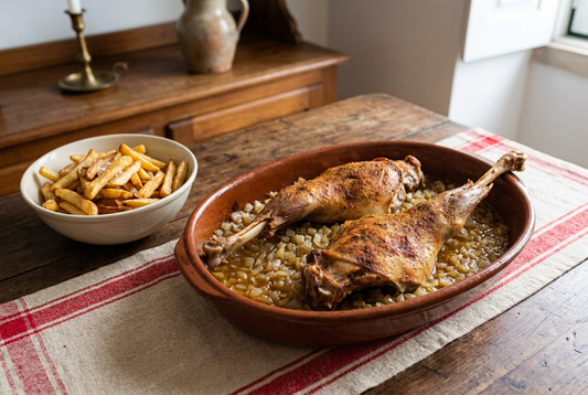 Duas pernas de cabrito assadas sobre cebola picada e molho num tabuleiro de barro, com batatas fritas numa taça à parte, sobre uma mesa de madeira.