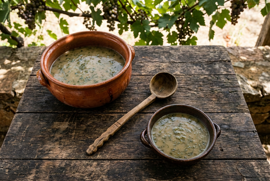Caldo de batata e coentros de tom escuro, numa terrina e numa tigela de barro sobre uma mesa rústica de madeira sob uma latada.