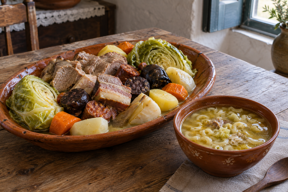 Cozido de couve com porco, chouriço preto, linguiça e legumes numa travessa de barro, com massa no caldo servida à parte