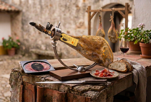 Varanegra DOP Alentejo 100% Bolota num suporte com faca, pão e vinho tinto, com dois presuntos suspensos ao fundo num pátio rústico.