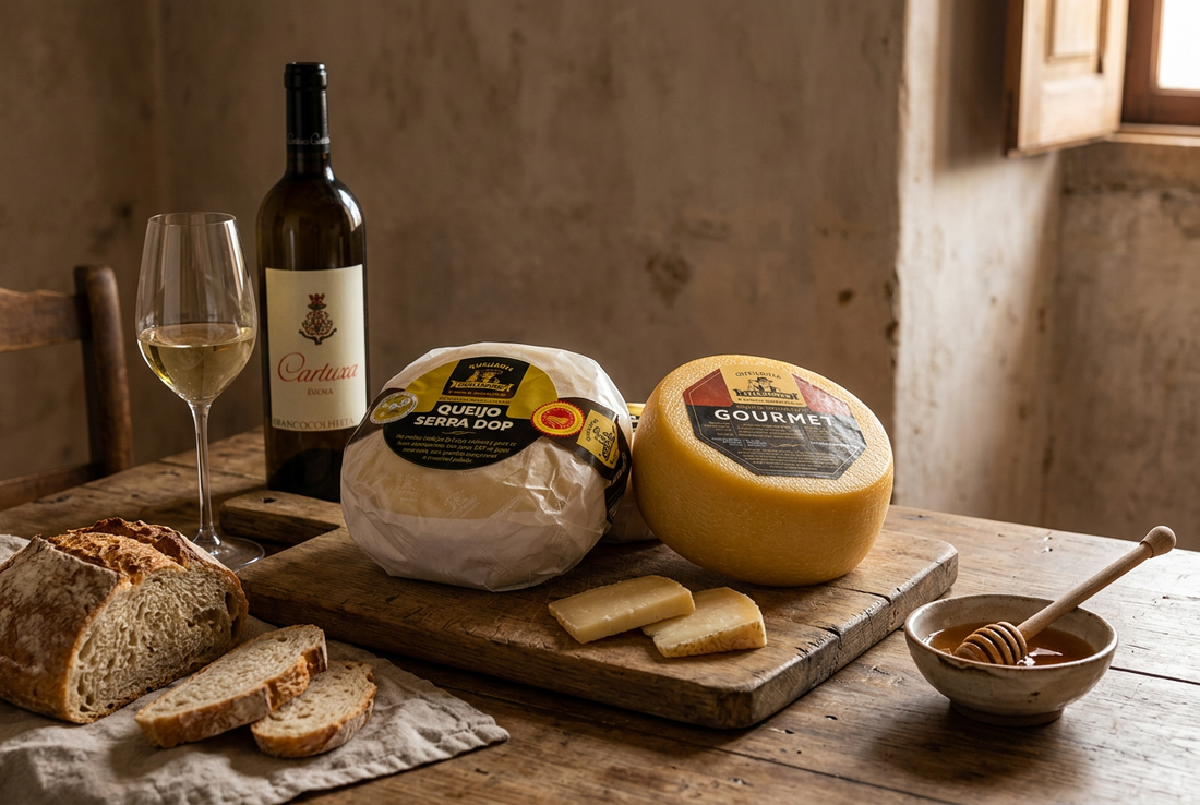 Queijos Serpa DOP Cunca e Ovelha Curado Gourmet com vinho Cartuxa Branco, pão alentejano e mel numa mesa rústica.