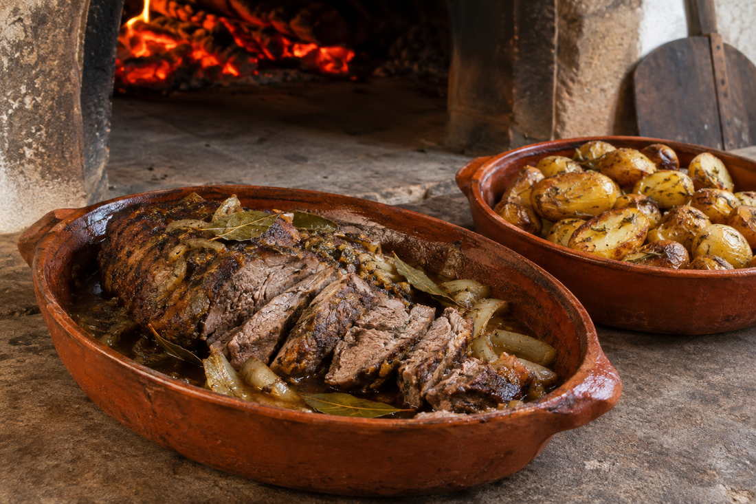 Javali assado fatiado em tabuleiro de barro, com batatas assadas junto a um forno de lenha