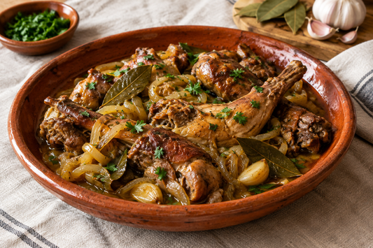 Lebre de escabeche com cebola, louro e salsa numa travessa de barro