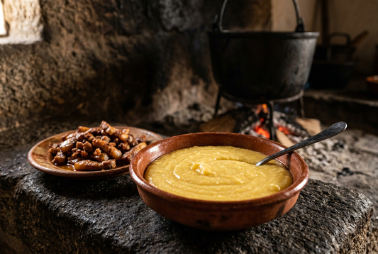Papas de milho amarelas e cremosas numa taça de barro, com carne de porco frita à parte, junto a um lar rústico de pedra.