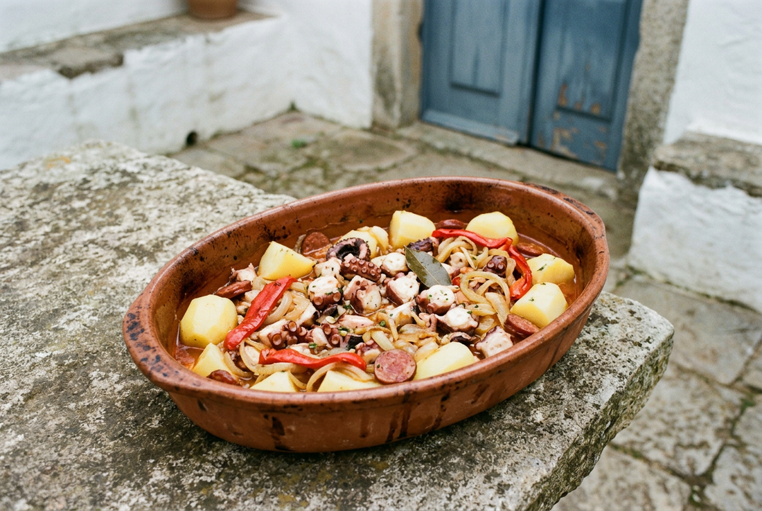 Travessa de barro com polvo em pedaços, batatas, cebola, pimento vermelho e rodelas de linguiça, sobre uma mesa de pedra num pátio rústico.