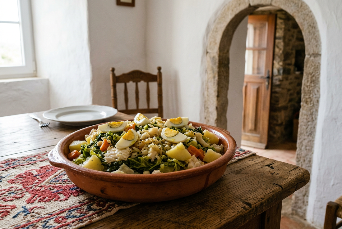 Travessa de barro com roupa velha de bacalhau, couves, batatas, cenouras e ovos, numa sala rústica com uma arcada de pedra.