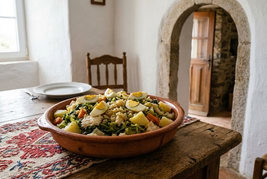 Travessa de barro com roupa velha de bacalhau, couves, batatas, cenouras e ovos, numa sala rústica com uma arcada de pedra.