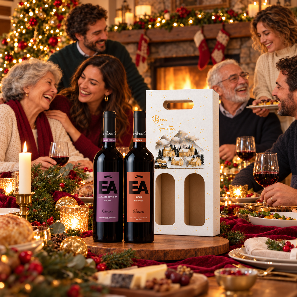 Brinde à Lareira: EA Alicante Bouschet e EA Syrah diante da caixa branca de Natal