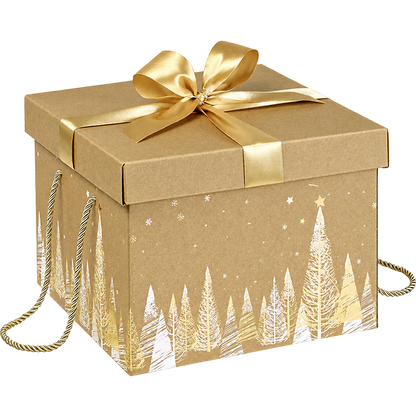 Caixa dourada de Natal com laço e motivos de árvores brancas