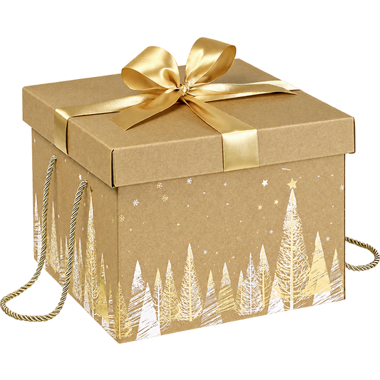 Caixa dourada de Natal com laço e motivos de árvores brancas