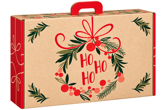 Juleeske i kartong med «Ho Ho Ho» og håndtak - 54x36x12,5cm