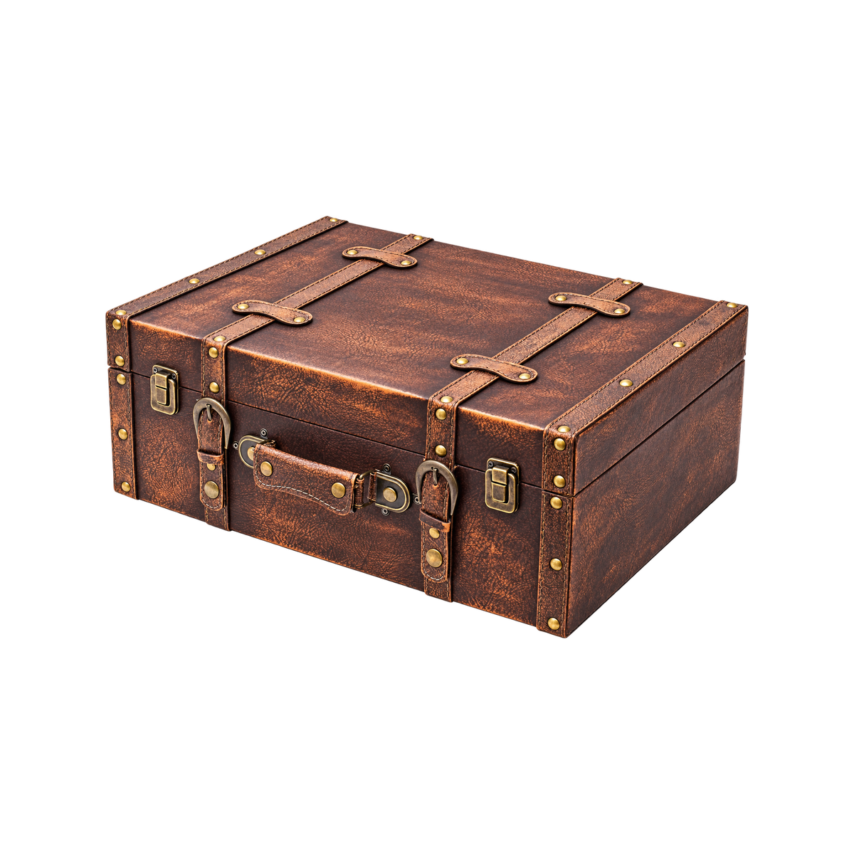 Kleiner Vintage-Holzkoffer mit Deckel und Ledergriff - 44 x 32 x 16 cm