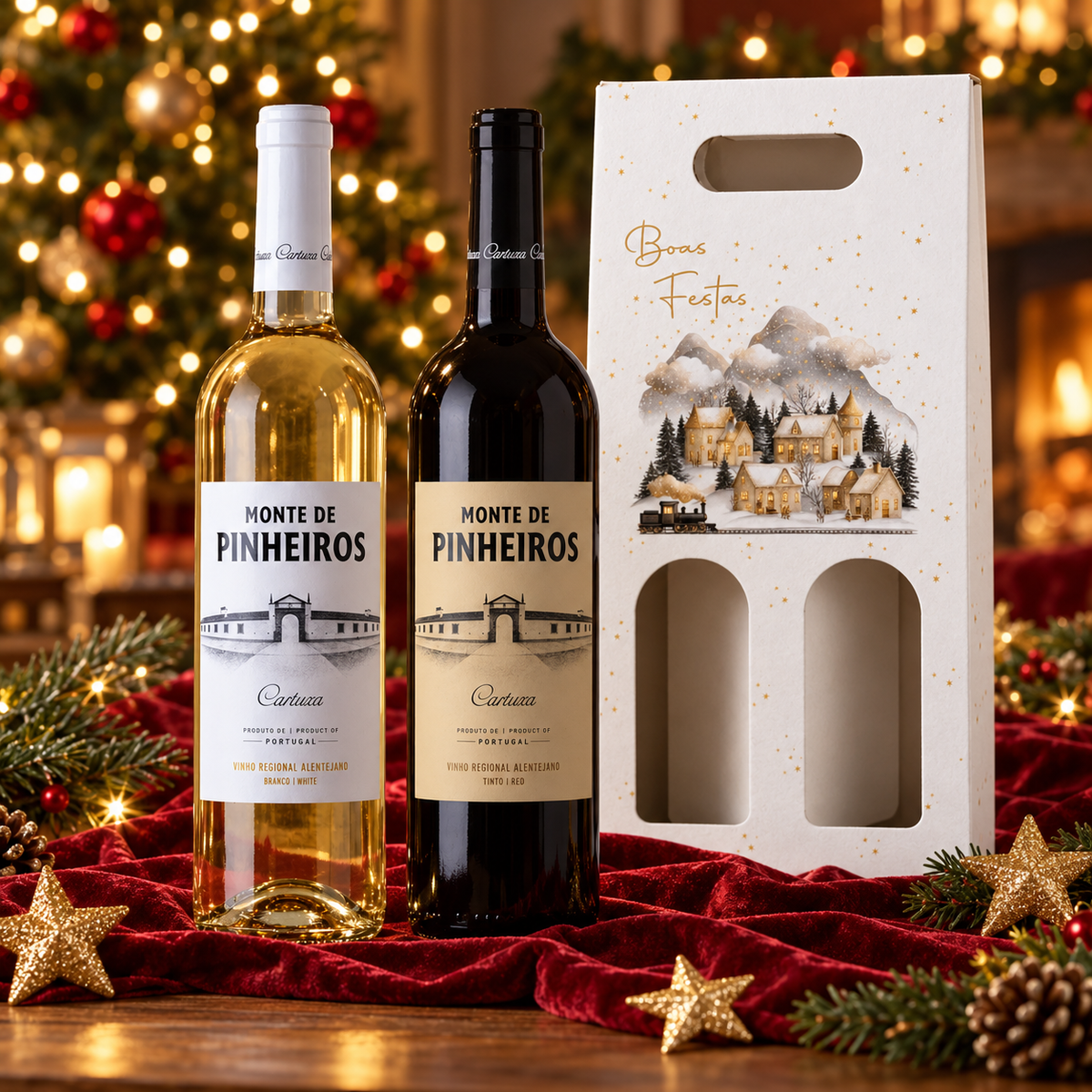 Brinde à Magia: vinhos Monte de Pinheiros branco e tinto diante da caixa branca de Natal