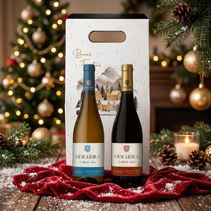 Brinde à Vidigueira: vinhos Escolha dos Sócios branco e tinto diante da caixa de Natal