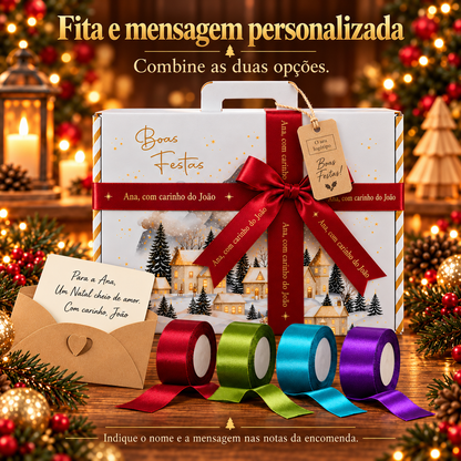 Personalização de presentes e cabazes com fita e mensagem