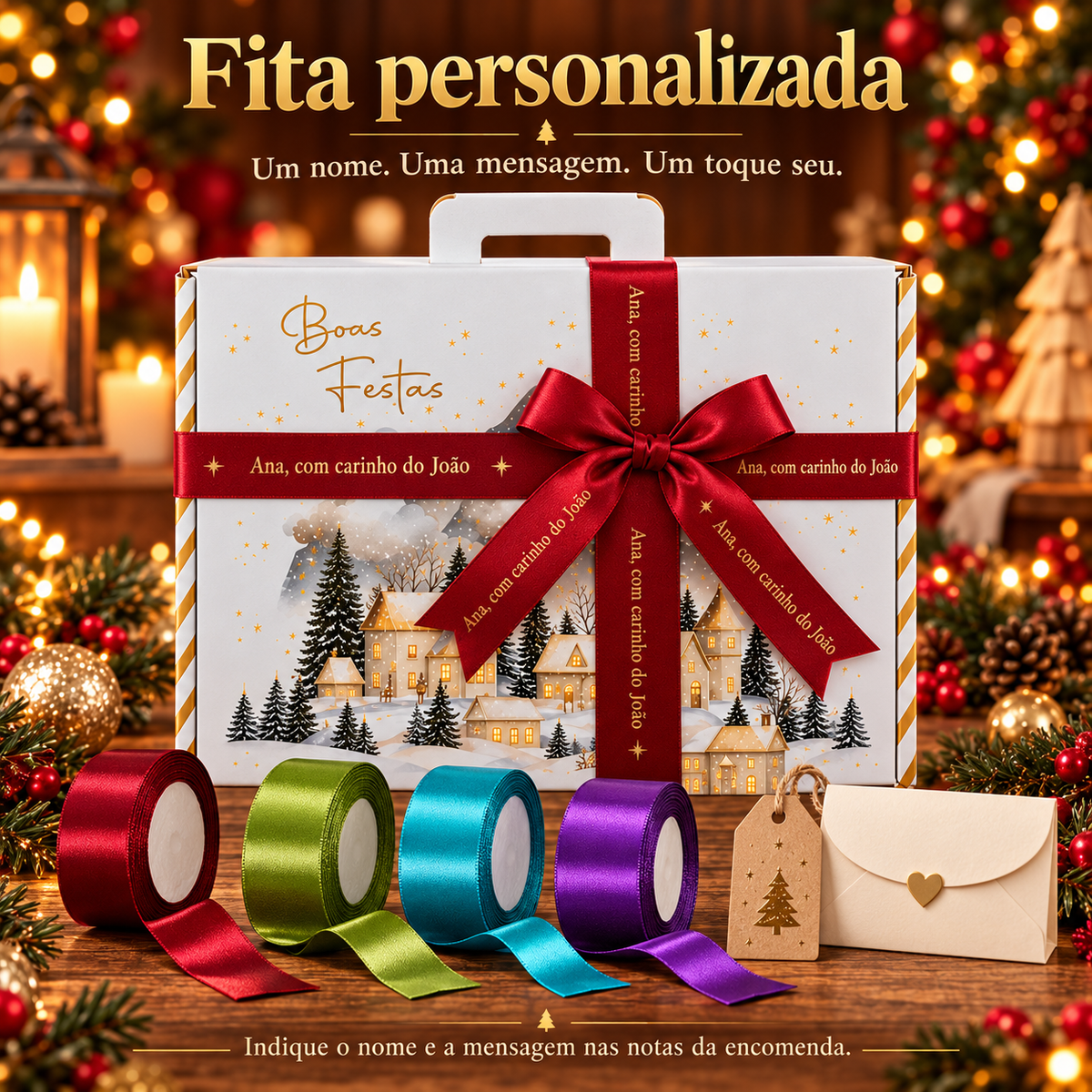 Fita personalizada com nome e dedicatória para presentes e cabazes