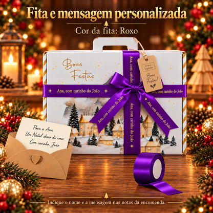 Fita roxa e cartão para personalização de cabaz