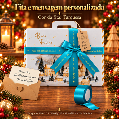 Fita turquesa e cartão para personalização de cabaz