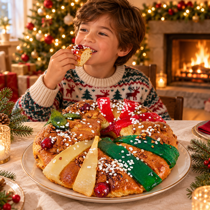 Bolo Rei numa mesa de Natal, com uma criança a comer uma fatia, árvore iluminada e lareira ao fundo