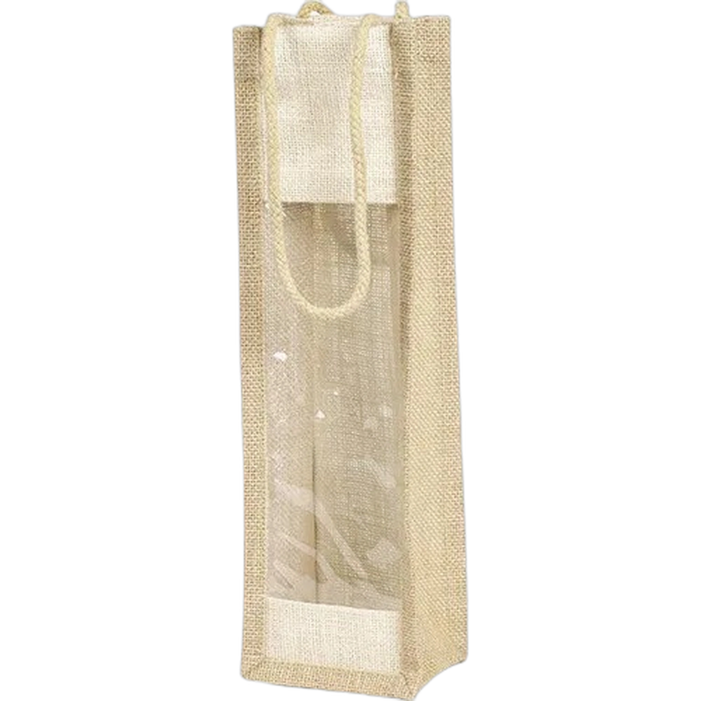 Saco Juta Natural c/ alças c/ janela PVC 3 Garrafas 27x9x36cm