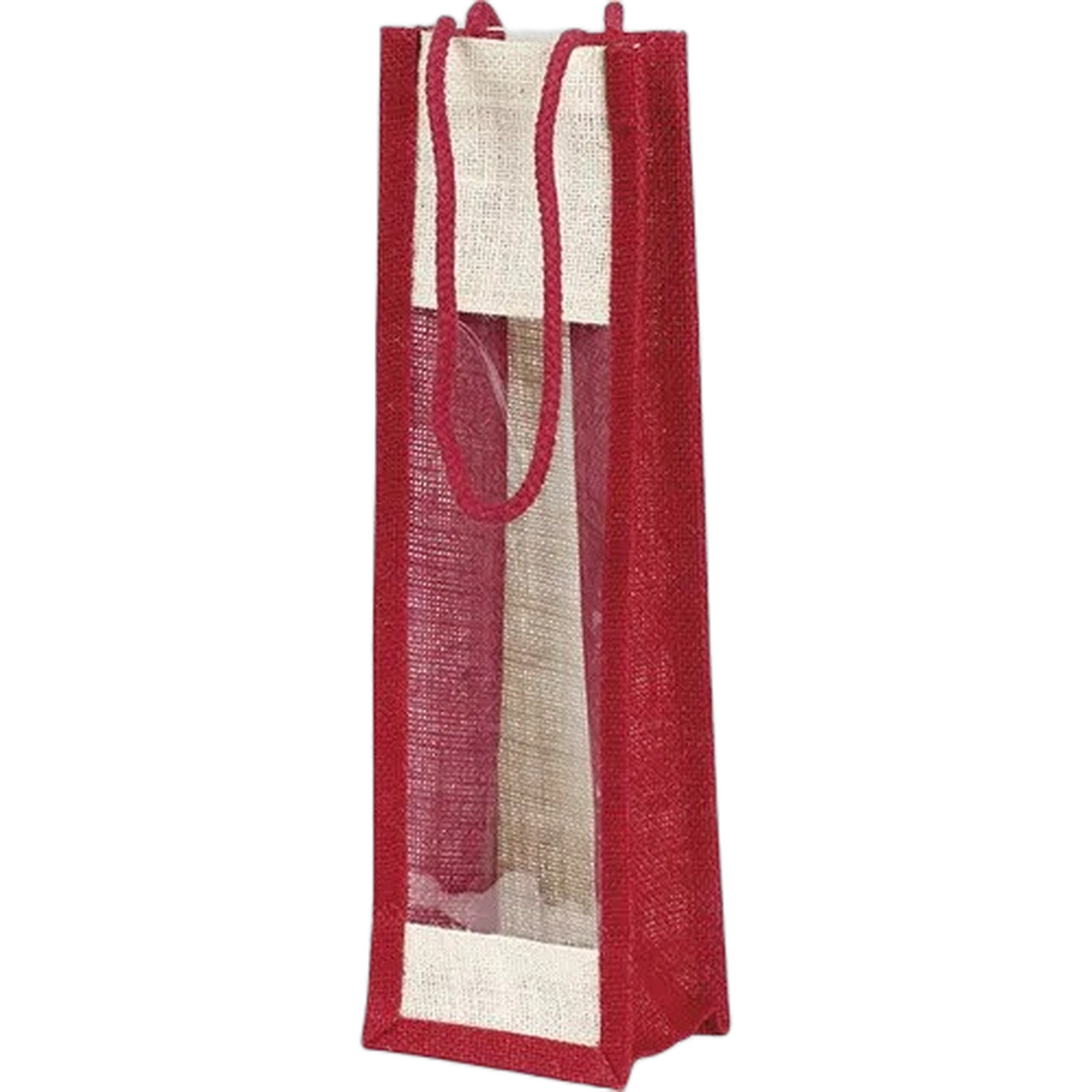 Saco Juta Natural c/ alças c/ janela PVC 3 Garrafas 27x9x36cm