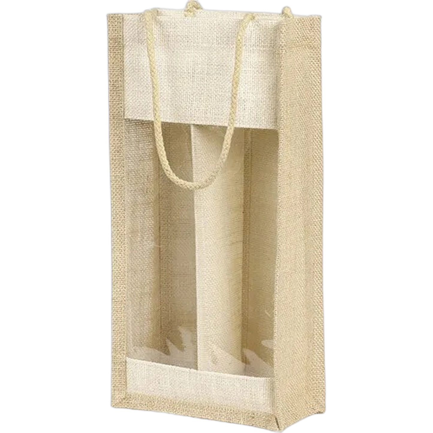 Saco Juta Natural c/ alças c/ janela PVC 3 Garrafas 27x9x36cm