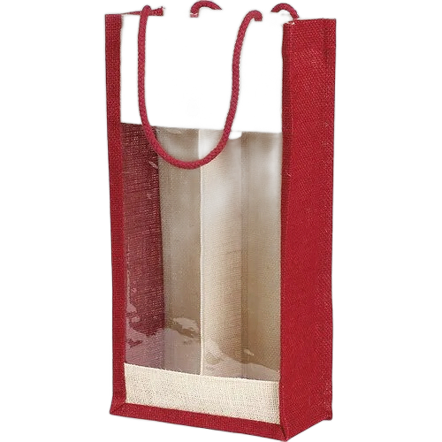 Saco Juta Natural c/ alças c/ janela PVC 3 Garrafas 27x9x36cm