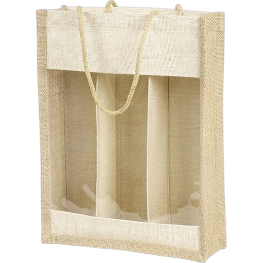 Saco Juta Natural c/ alças c/ janela PVC 3 Garrafas 27x9x36cm